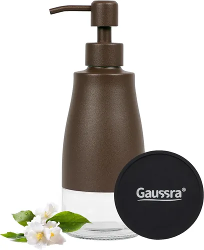 Vista 8 de Gaussra Dispensador de jabón con posavasos y calcomanías, dispensador de bomba de mano de vidrio de acero inoxidable dorado cepillado, botella