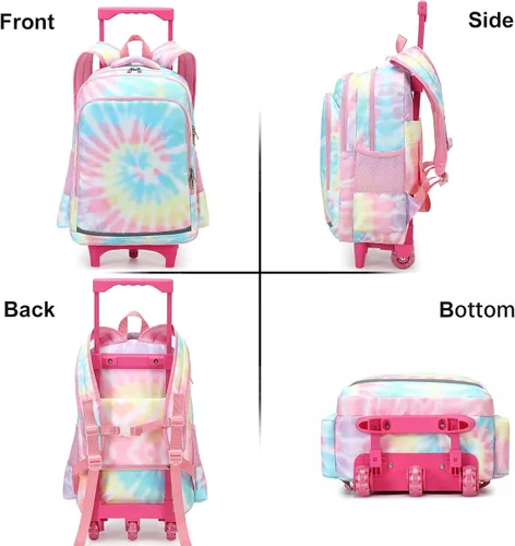 Vista 5 de CAMTOP Mochila con ruedas para niñas, bolsa de viaje con ruedas, mochila de equipaje con ruedas, Rosado Tie Dye