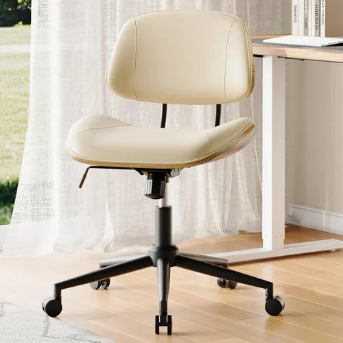 Vista 7 de Silla de Oficina sin Brazos con Ruedas, Silla de Escritorio de Cuero PU de Altura Ajustable - Silla de Computadora Ergonómica Giratoria de 360°