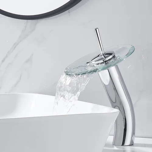 Vista 8 de Grifo de Baño de Cascada de Vidrio con Mango Único de Latón Macizo para Lavabo Lavatorio Vessel Sink Vanity, Alto, Negro
