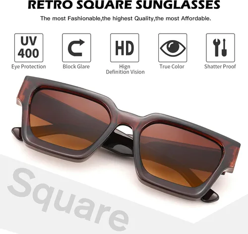 Vista 4 de Lentes de sol cuadrados retro para hombres y mujeres, marco grueso, rectangulares, gruesos