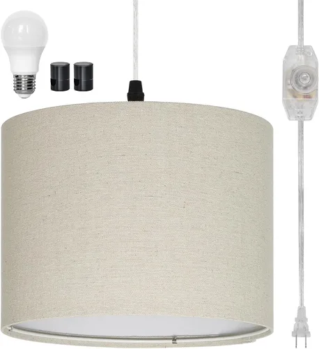 Vista 8 de CINSARY Lámpara colgante con pantalla de tela de flores, luces colgantes para isla de cocina con interruptor regulable, lámpara colgante con cable