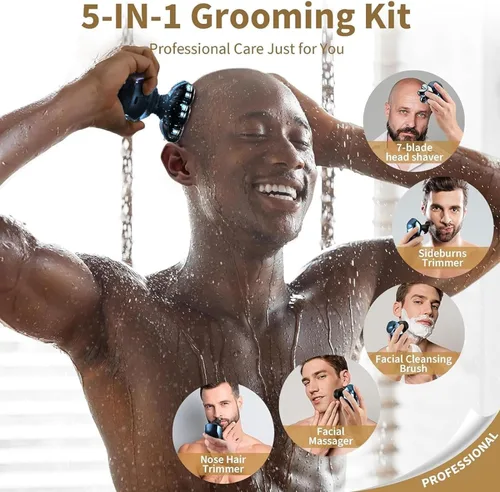 Vista 4 de SHPAVVER Afeitadoras de cabeza para hombres calvos: maquinilla de afeitar eléctrica 5 en 1 - Kit de aseo de afeitar impermeable IPX7 para hombres