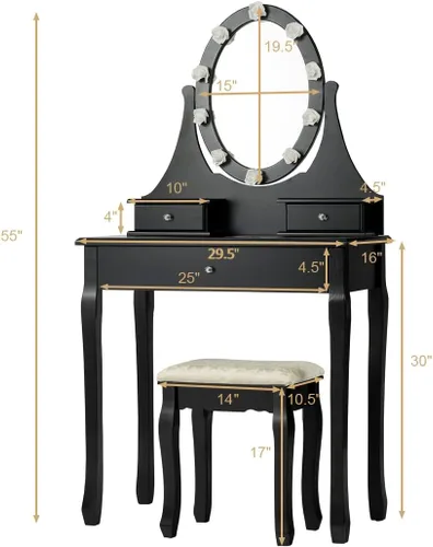Vista 7 de Giantex Juego de tocador con espejo iluminado, mesa de maquillaje con 10 luces rosadas, escritorio de tocador moderno con taburete acolchado, 3