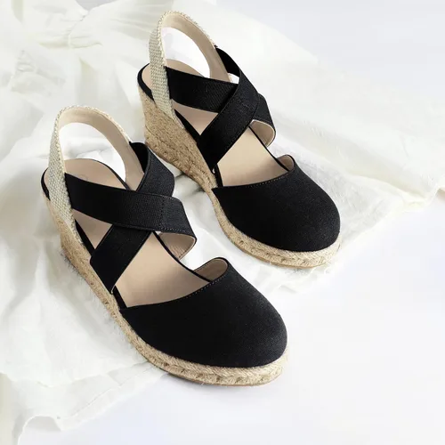 Vista 3 de mysoft Women's Closed Toe Crisscross Elastic Ankle Strap Platform Espadrille Wedge Sandals