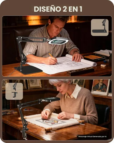 Vista 6 de Lupa cuadrada 10X con luz y soporte, lámpara de escritorio con luz LED 2 en 1 y abrazadera, 5 modos de color regulable continuo, lámpara