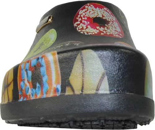 Vista 7 de VANGELO Zuecos profesionales antideslizantes para mujer, zapatos de trabajo, zapatos de enfermera, zapatos de chef, negro, blanco, lima, multicolor