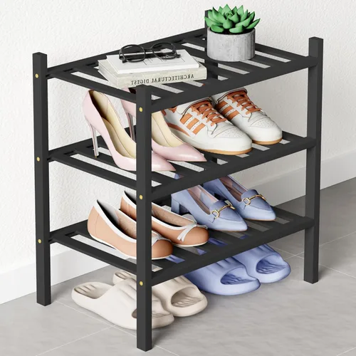 Vista 17 de Smiry Zapatero de bambú para armario, organizador de zapatos de madera de 3 niveles, estante apilable de almacenamiento de zapatos de madera