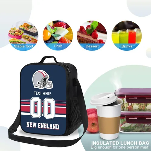 Vista 4 de Bolsa de almuerzo personalizada de Nueva Inglaterra, regalos para hombres, mujeres, fanáticos, con nombre y número personalizados, correas de hombro