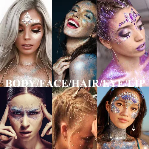 Vista 2 de Barra dorada con purpurina para el cuerpo, traje de Mardi Gras para mujeres y niños, brillante holográfico para fiestas, festivales, rave, Mardi