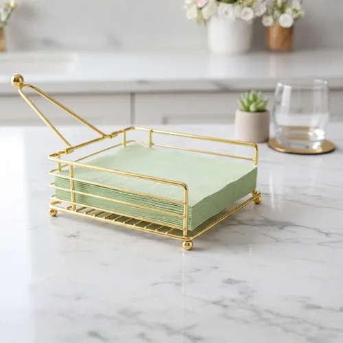 Vista 3 de NAZANIN Servilletero dorado para encimera de cocina y mesa de comedor Moderno dispensador de servilletas de papel decorativo de alambre de metal
