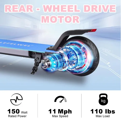 Vista 5 de Patinete eléctrico para niños de 6 a 14 años, motor de 150W, 4/7/11 mph, tiempo de conducción de 60 minutos, velocidad ajustable, pantalla LED
