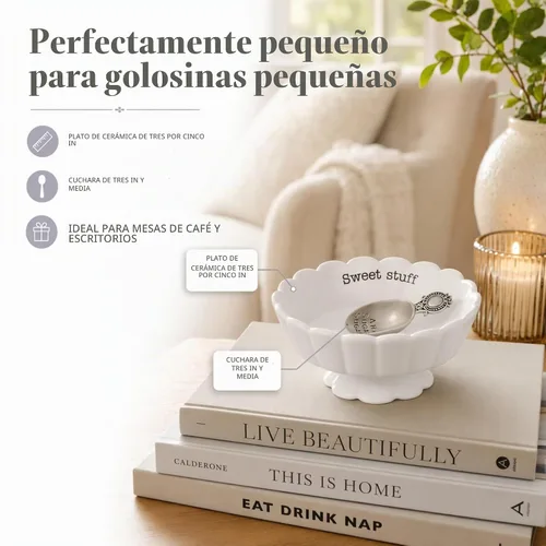 Vista 2 de Mud Pie 4881012S Plato para dulces "Sweet Stuff" con cuchara, blanco