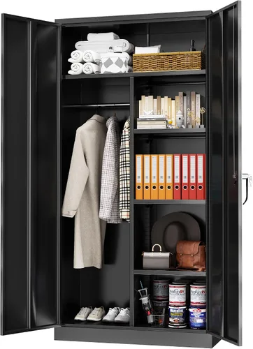 Vista 32 de Greenvelly Armarios de almacenamiento de metal de 72 pulgadas, gabinete de almacenamiento de acero negro para garaje con puertas y estantes
