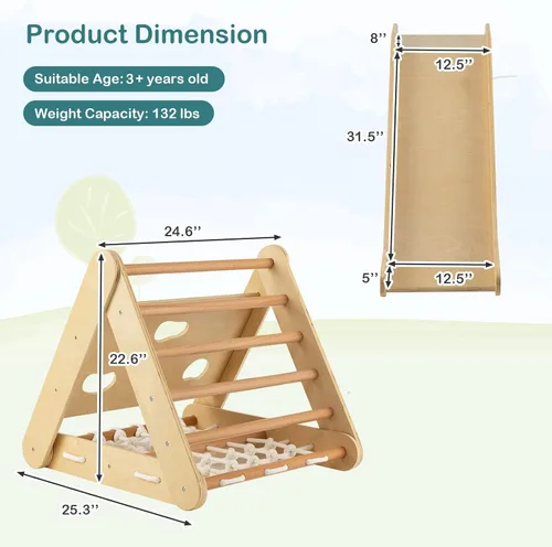Vista 6 de Costzon Juguete de escalada 4 en 1 para niños pequeños, trepador de triángulo de madera Montessori de 3 lados con rampa deslizante, red de escalada
