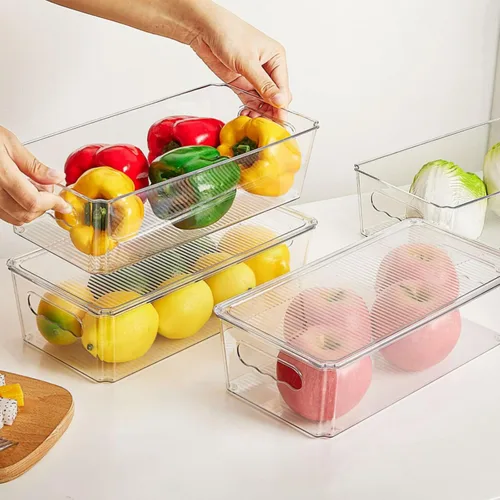 Vista 3 de Refrigerador Oragnizer con tapa, recipientes de plástico transparente apilables, contenedor de almacenamiento de alimentos reutilizable, sin BPA
