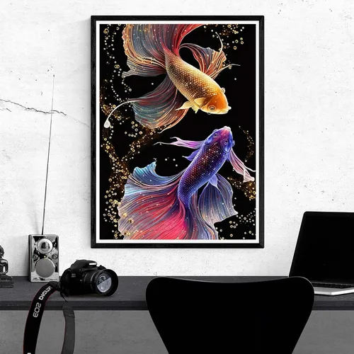 Vista 4 de Kaliosy Kits de arte de diamantes 5D para adultos, coloridos peces de lucha por números, pintura de diamantes, arte de peces, bricolaje, taladro