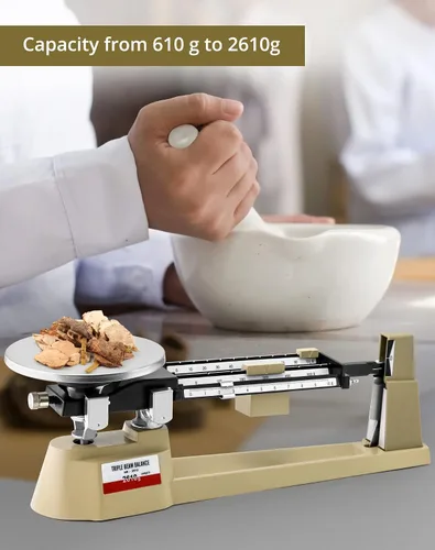 Vista 7 de QWORK Triple Beam, balanza mecánica de 3 pesas, 2610 g/0.1 g Juego de peso analítico de laboratorio, balanza de triple haz con perilla de ajuste a