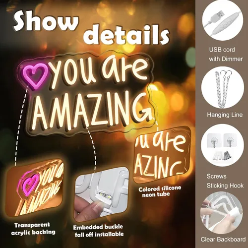 Vista 3 de Letrero de neón "You Are Amazing" para decoración de pared para dormitorio, aula, bar, pub, club, guardería, colgante, luz LED rosa USB regulable