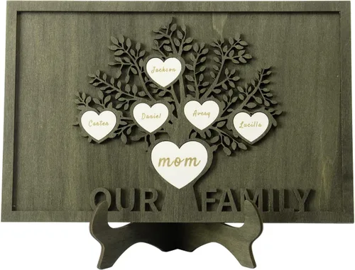 Vista 45 de Árbol genealógico con etiqueta de corazón, placas de madera grabadas personalizadas, regalos personalizados para madres, padres, escritorio, nombres
