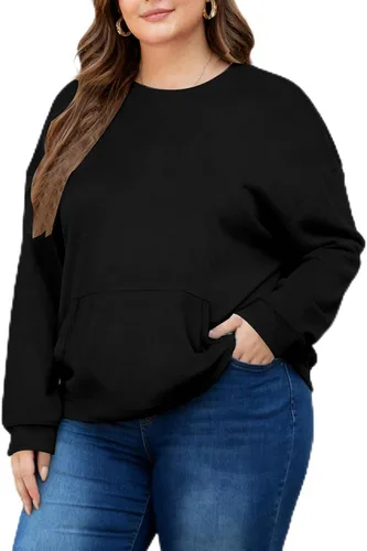 Vista 14 de Sudaderas de talla grande para mujer, sudadera casual de manga larga, color liso, cuello redondo, talla L-6XL