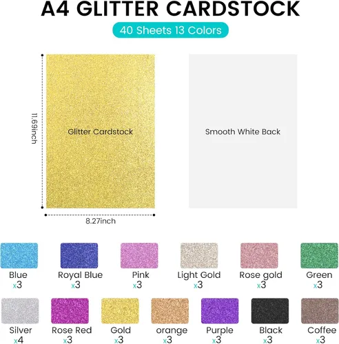 Vista 3 de 40 hojas de cartulina con purpurina HTVRONT de 300GSM - 13 colores de cartulina con purpurina, papel de cubierta de 110lb A4, cartulinas gruesas