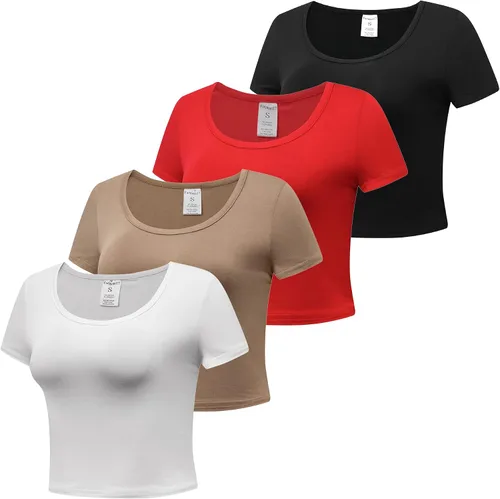Vista 2 de Formeet17 4 piezas de camisetas cortas básicas con cuello redondo y manga casquillo para mujer