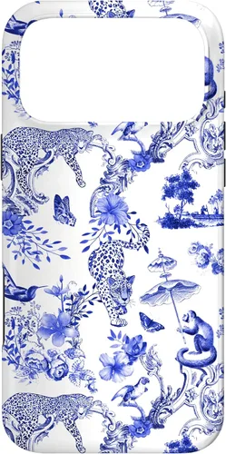 Vista 22 de French Blue Toile Chinoiserie with Flowers, Monkey, Leopards Case for iPhone 17
