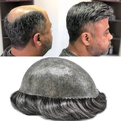 Vista 455 de Toupee para hombre 100% cabello humano real tupé para hombres 0.004 in piel de poliuretano para hombre, sistema de reemplazo de piezas de pelo