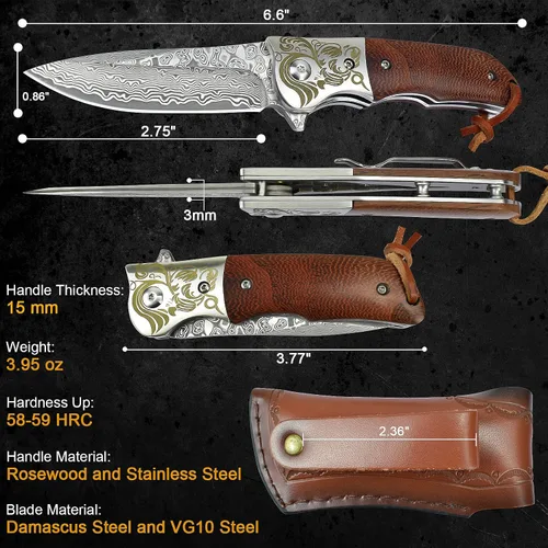 Vista 5 de Cuchillo de bolsillo de Damasco AUBEY con clip, cuchillos plegables con hoja de acero Damasco VG10, mango de madera, cuchillos EDC plegables
