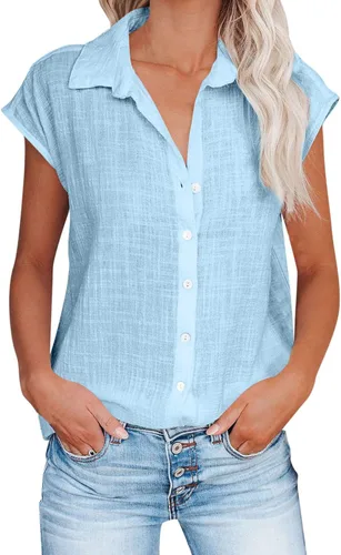 Vista 52 de Ceboyel Camisas para mujer de moda de verano, algodón, lino, manga corta, cuello con botones, blusa casual para mujer 2023