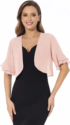 Vista 2 de Cárdigan tipo bolero de manga 34 para mujer, de gasa suave, con frente abierto, para vestido de noche