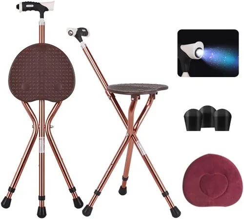 Vista 13 de Combo de asiento de caña plegable, capacidad de 400 libras, práctico taburete plegable con muleta, asiento de 3 patas, altura ajustable, resistente