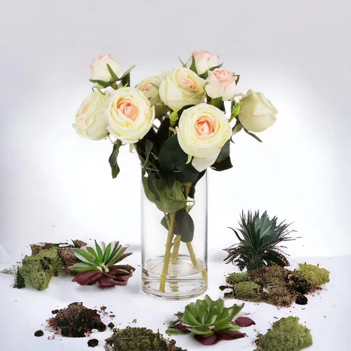 Vista 2 de ENOVA FLORAL 9 cabezas de rosas artificiales de seda en jarrón, arreglo de rosas sintéticas en jarrón con agua sintética para centros de mesa Champán