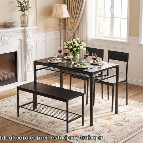 Vista 9 de VECELO Mesa de comedor de cocina con 2 sillas y banco, diseño compacto que ahorra espacio, marco de acero de fácil montaje, perfecta