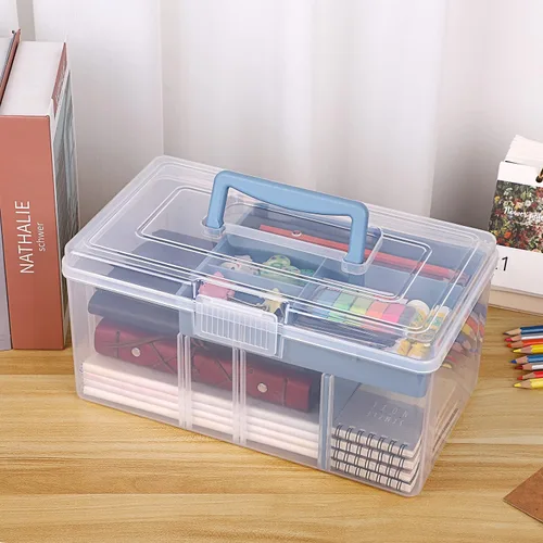 Vista 2 de BTSKY - Caja de almacenamiento de 2 capas de plástico transparente con bandeja extraíble, caja organizadora multiuso para papelería con asa, caja