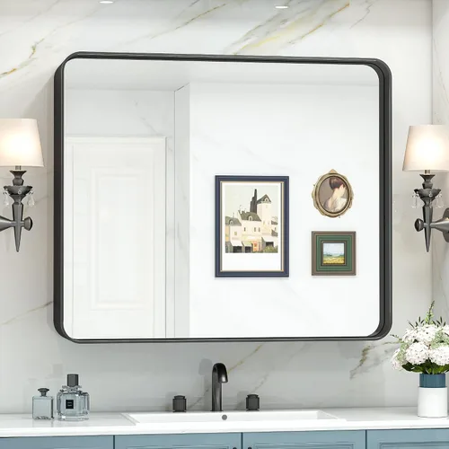 Vista 99 de TokeShimi Espejo de pared de baño de níquel cepillado de 20 x 30 pulgadas, marco de metal, esquina redonda, rectangular, para decoración del hogar