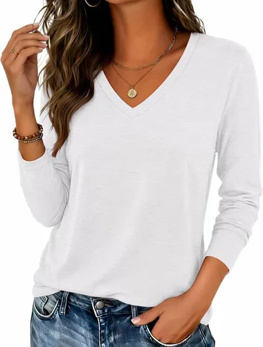Vista 12 de Zeagoo Camisas de manga larga para mujer, cuello en V, casual, básica Rosa