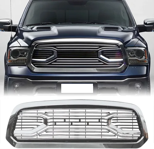 Vista 9 de Rejilla delantera compatible con RAM 1500 Big Horn Style 2013 2014 2015 2016 2017 2018, rejilla de repuesto con letras y luces LED, cromada