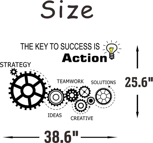 Vista 5 de Teamwork Gears - Calcomanía de vinilo para pared, decoración de espacio de oficina, calcomanías para interiores, mural The Key to Success is Action