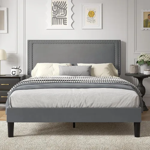 Vista 75 de VECELO Base de cama de plataforma de tamaño individual con cabecera tapizada de altura ajustable, base de colchón moderna, soporte de listones