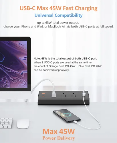 Vista 2 de Regleta de alimentación con abrazadera de escritorio con USB C, estación de carga rápida de 65 W para iPhone 14 Pro Max, iPad, MacBook Air, fuente