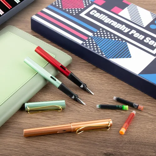 Vista 7 de Juego de plumas de caligrafía TIANREN, plumas estilográficas con 8 puntas reemplazables diferentes con 60 cartuchos de tinta (12 colores), juego