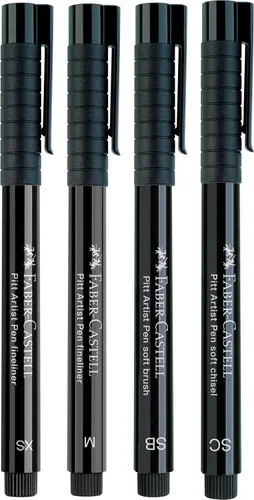 Vista 3 de Faber-Castell Pitt Artist Pen - Kit de dibujo de manga negra, 4 unidades, puntas surtidas, kit de dibujo de anime y manga