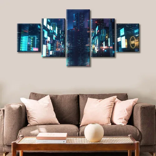 Vista 2 de Cuadros de 5 paneles de Cyberpunk City, arte de pared, representación de vallas publicitarias, edificios modernos en la capital con obras de arte