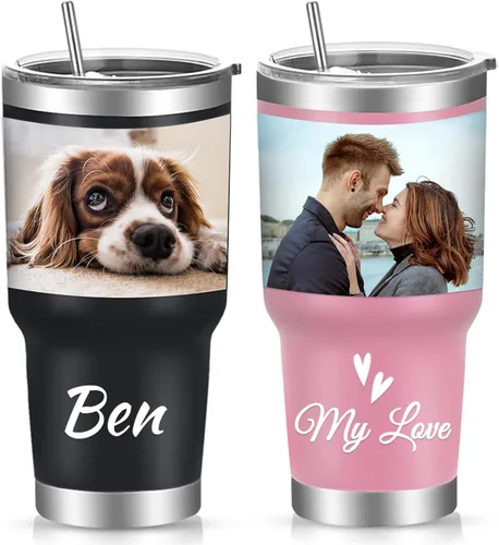 Vista 8 de Vaso de fotos personalizado de 30 onzas con tapa y pajita, tazas de café de acero inoxidable personalizadas, taza de viaje con nombre de imagen