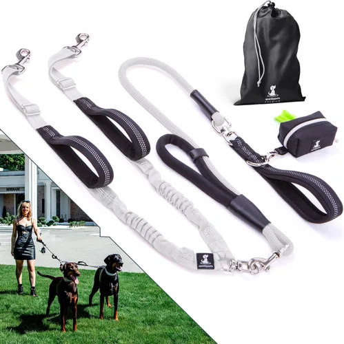 Vista 24 de Correa doble premium para dos perros, absorción de golpes, antitirón, doble correa para razas medianas y grandes con accesorio de correa doble