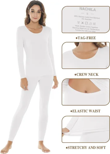Vista 4 de NACHILA Conjunto de ropa interior térmica de bambú para mujer, suave, largo, conjunto de pijama de capa base, pijamas de manga larga, tallas S-XXL