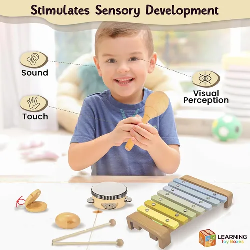 Vista 6 de Juego de instrumentos musicales para niños pequeños, juguetes Montessori de madera para bebés, juguetes musicales sensoriales para niños pequeños