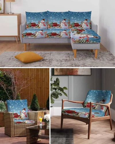 Vista 7 de Blue Snowman Christmas Couch Cushion Covers, Stretch Sofa Cover with Elastic Bottom, Xmas Tree Truck Winter Snowflake Sofa Slipcovers Protector